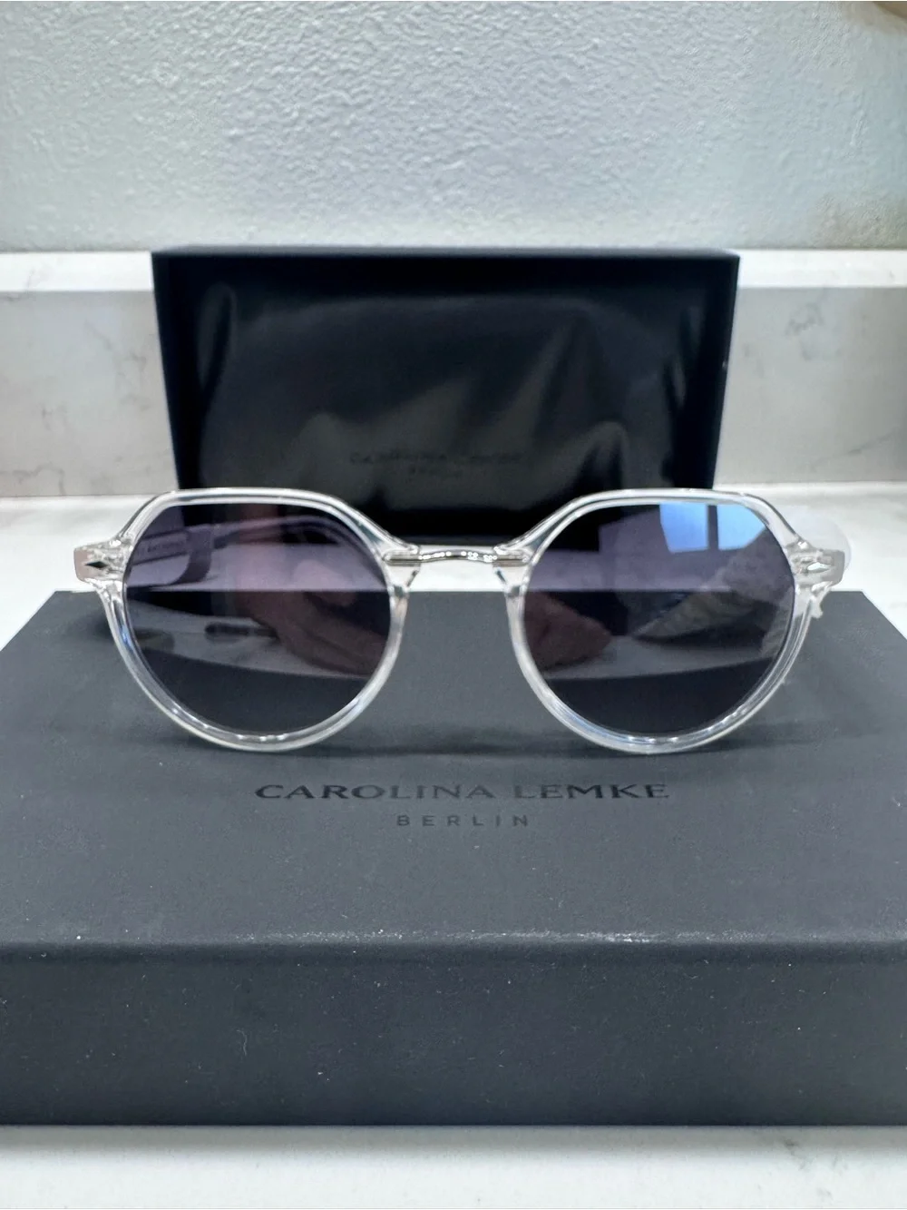 Carolina Lemke Clear Frame Sunglasses with Gray Lenses
